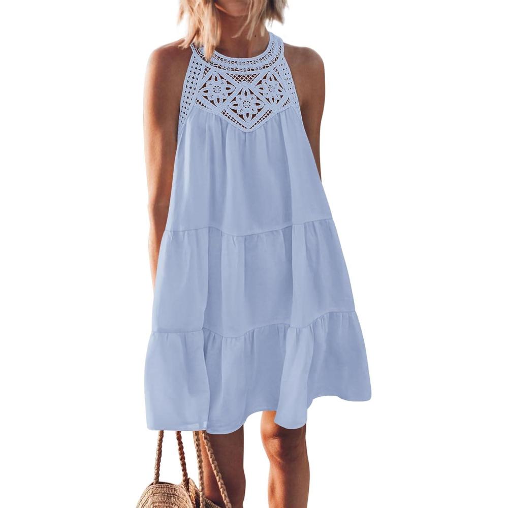 imageBTFBM Women Summer Dresses 2026 Casual Spring Clothes Sleeveless Halter Neck ALine Boho Mini Dress Beach Vacation SundressLight Blue
