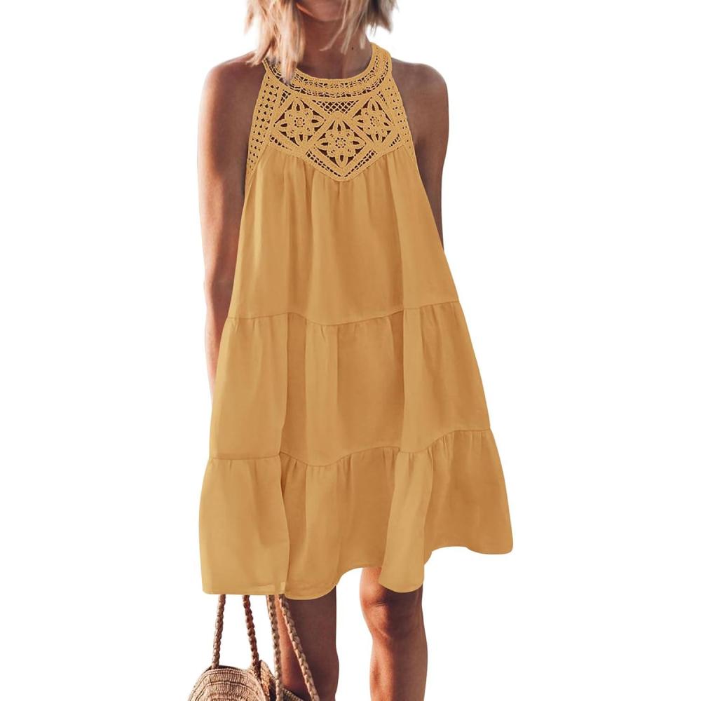 imageBTFBM Women Summer Dresses 2026 Casual Spring Clothes Sleeveless Halter Neck ALine Boho Mini Dress Beach Vacation SundressLight Orange