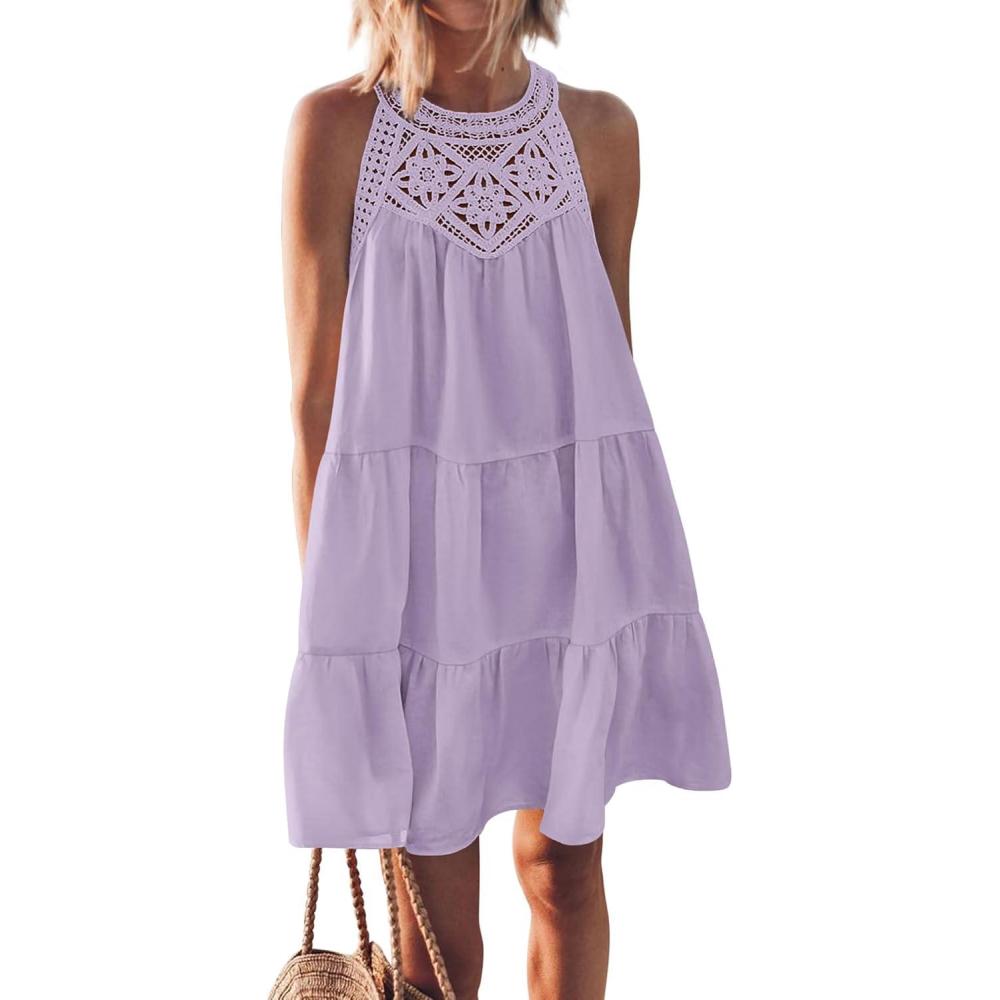 imageBTFBM Women Summer Dresses 2026 Casual Spring Clothes Sleeveless Halter Neck ALine Boho Mini Dress Beach Vacation SundressLight Purple