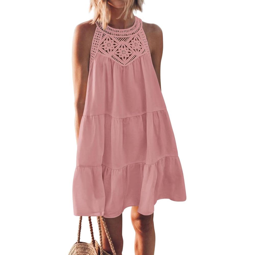 imageBTFBM Women Summer Dresses 2026 Casual Spring Clothes Sleeveless Halter Neck ALine Boho Mini Dress Beach Vacation SundressPink