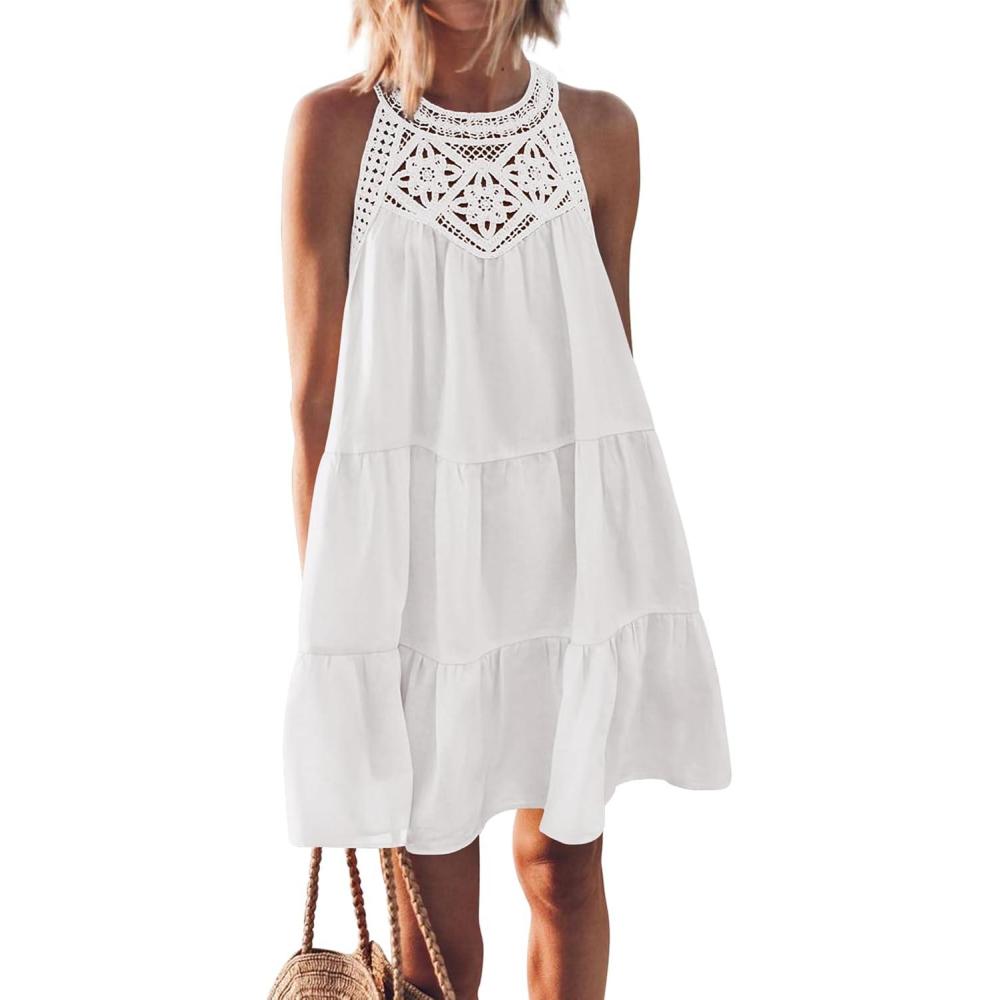 imageBTFBM Women Summer Dresses 2026 Casual Spring Clothes Sleeveless Halter Neck ALine Boho Mini Dress Beach Vacation SundressWhite