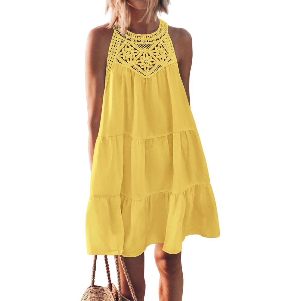 imageBTFBM Women Summer Dresses 2026 Casual Spring Clothes Sleeveless Halter Neck ALine Boho Mini Dress Beach Vacation SundressYellow
