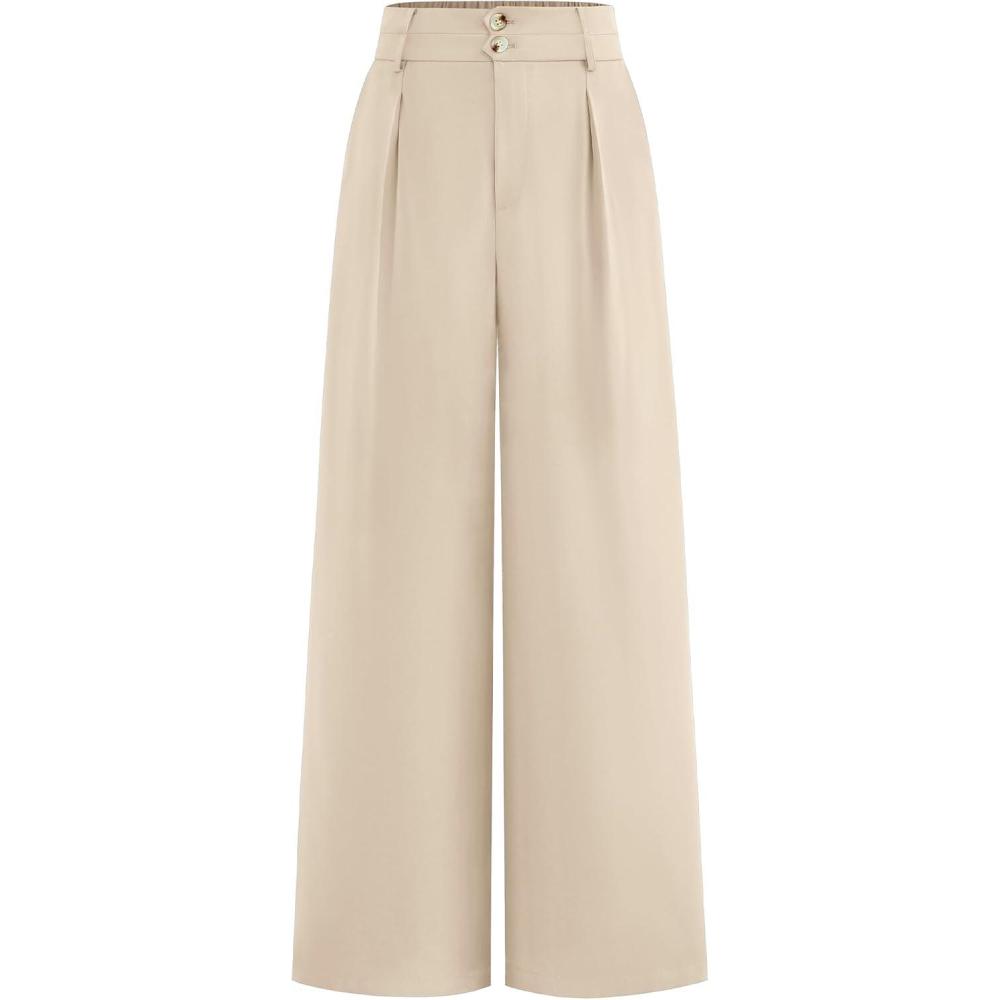 imageBTFBM Women Wide Leg Dress Pants 2026 High Waisted Button Pleated Business Casual Trousers Office Work Palazzo PantsBeige