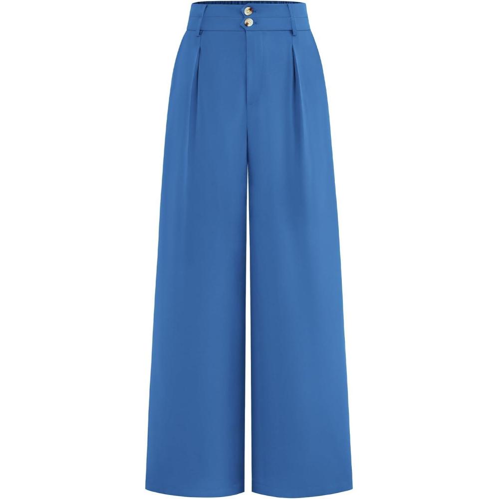 imageBTFBM Women Wide Leg Dress Pants 2026 High Waisted Button Pleated Business Casual Trousers Office Work Palazzo PantsBlue