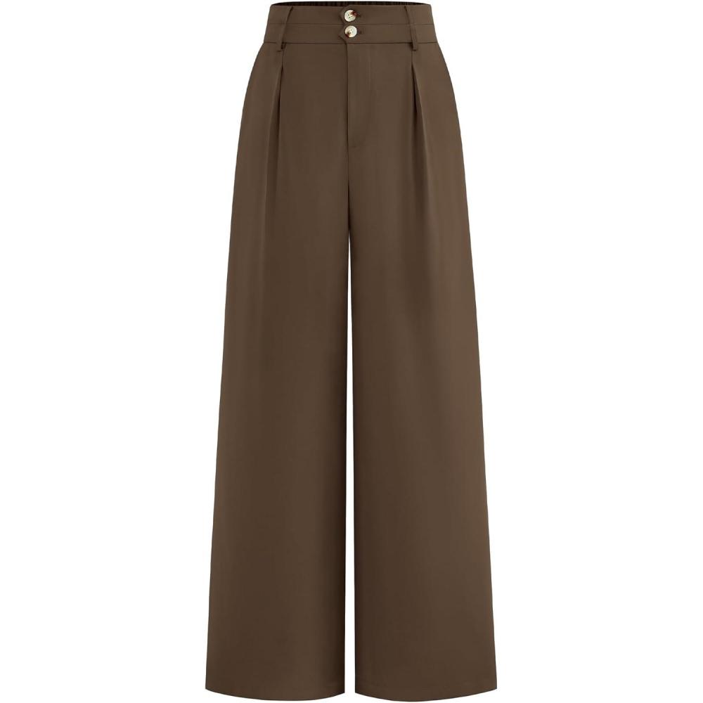 imageBTFBM Women Wide Leg Dress Pants 2026 High Waisted Button Pleated Business Casual Trousers Office Work Palazzo PantsCoffee