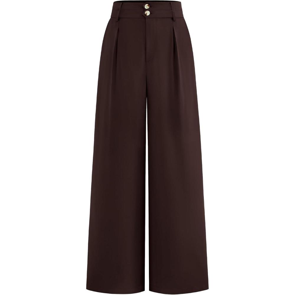 imageBTFBM Women Wide Leg Dress Pants 2026 High Waisted Button Pleated Business Casual Trousers Office Work Palazzo PantsDark Brown