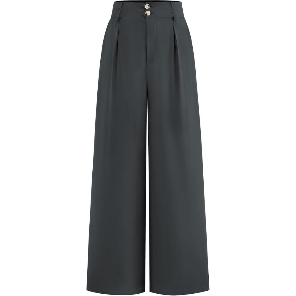 imageBTFBM Women Wide Leg Dress Pants 2026 High Waisted Button Pleated Business Casual Trousers Office Work Palazzo PantsDark Grey