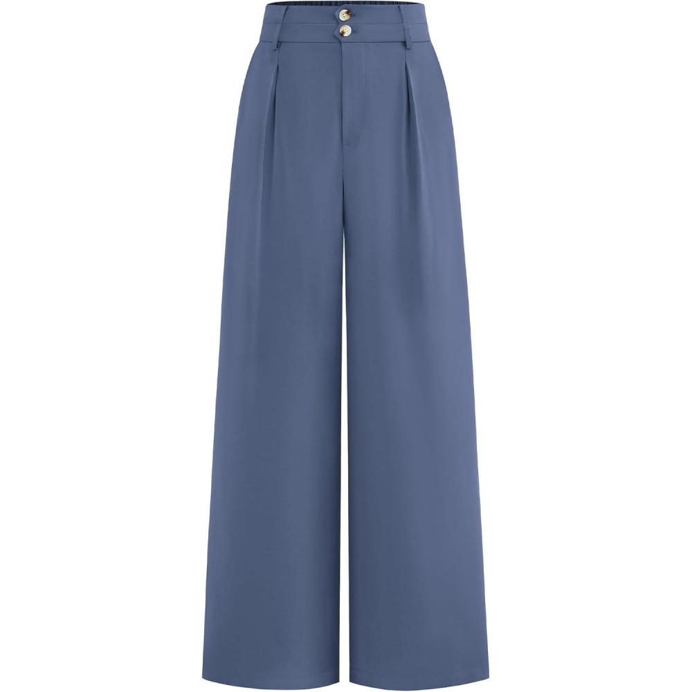 imageBTFBM Women Wide Leg Dress Pants 2026 High Waisted Button Pleated Business Casual Trousers Office Work Palazzo PantsGrey Blue