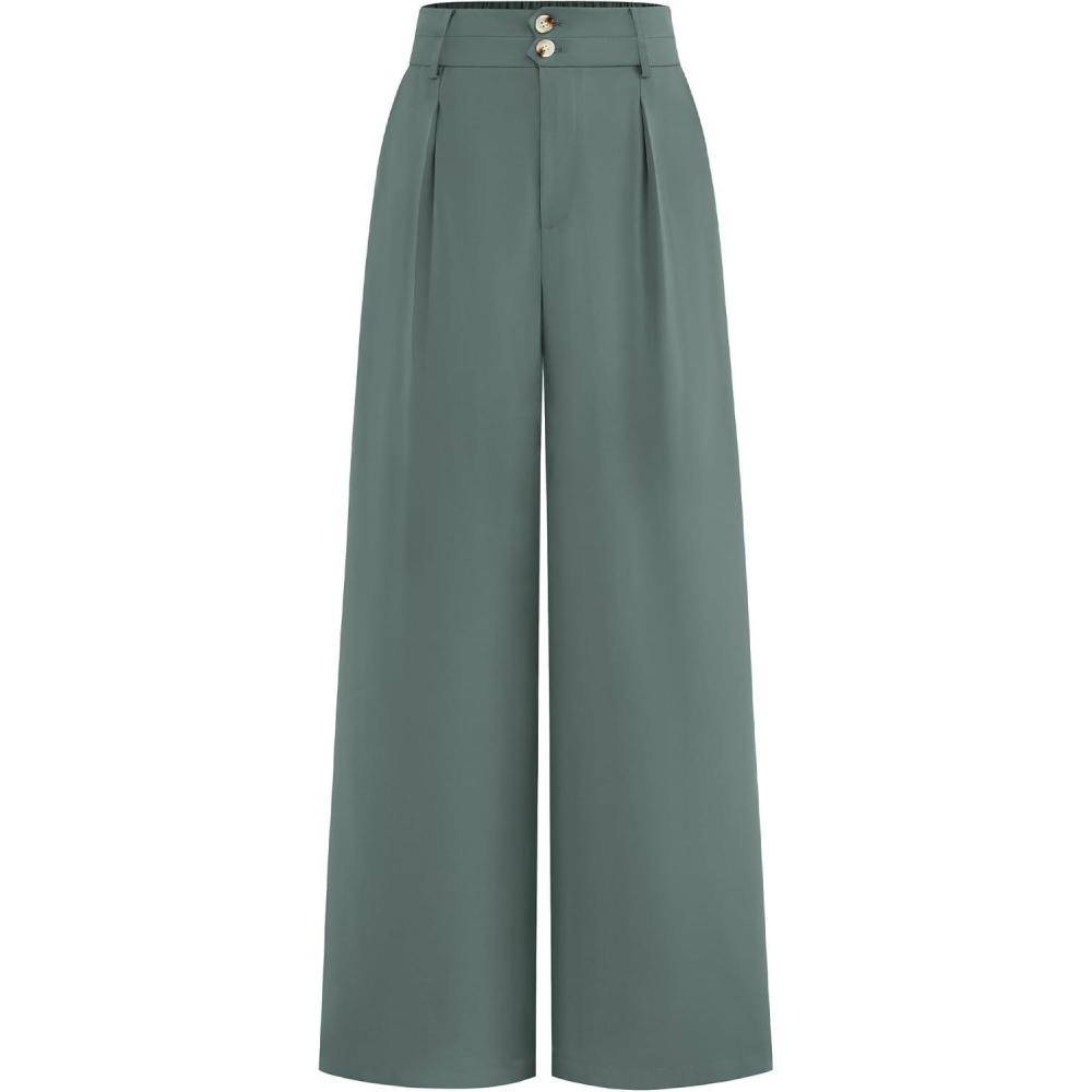 imageBTFBM Women Wide Leg Dress Pants 2026 High Waisted Button Pleated Business Casual Trousers Office Work Palazzo PantsGrey Green