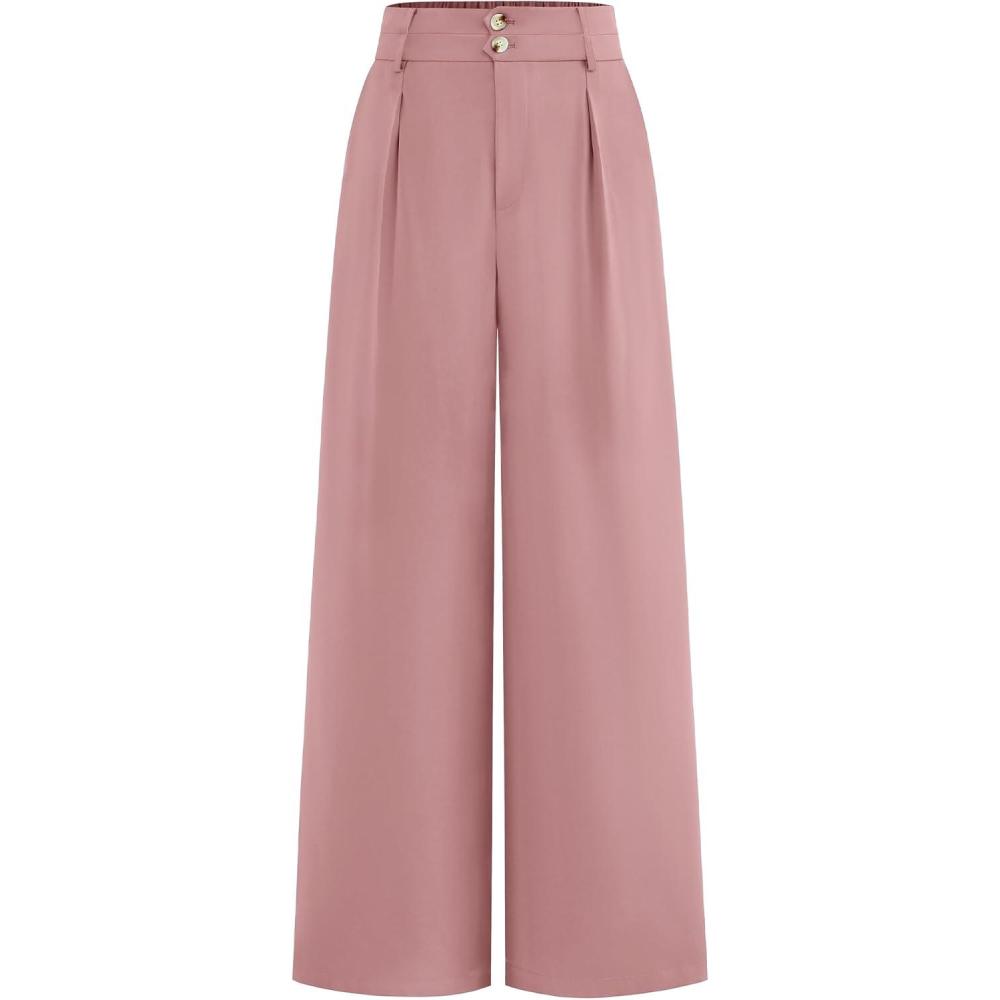 imageBTFBM Women Wide Leg Dress Pants 2026 High Waisted Button Pleated Business Casual Trousers Office Work Palazzo PantsPink