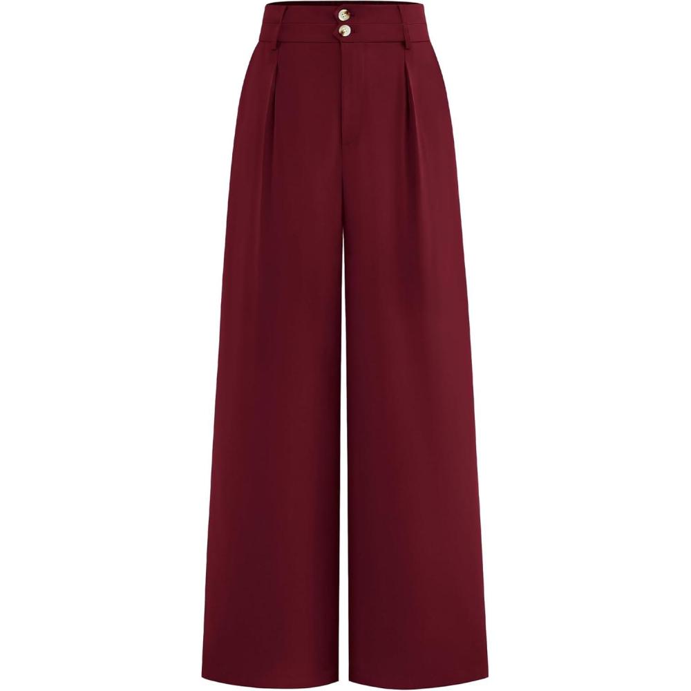 imageBTFBM Women Wide Leg Dress Pants 2026 High Waisted Button Pleated Business Casual Trousers Office Work Palazzo PantsWine Red