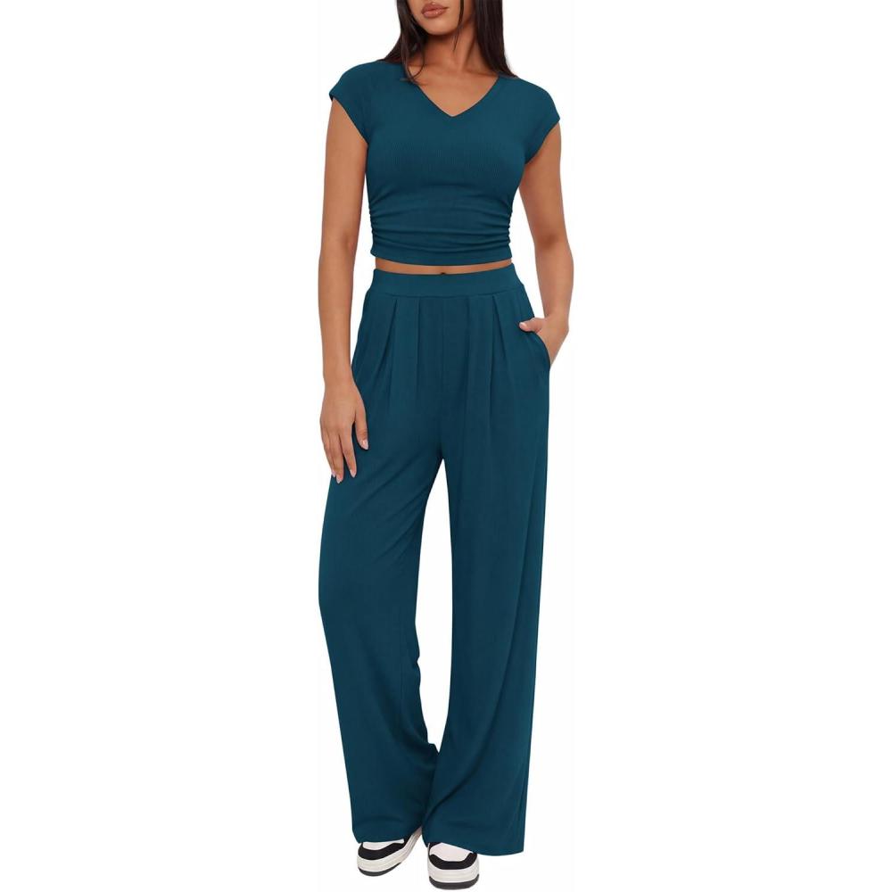 imageBTFBM Womens 2 Piece Outfits Spring 2026 V Neck Cap Sleeve Ruched Top Wide Leg Pants Sets Rib Knit Lounge Matching SetLake Blue