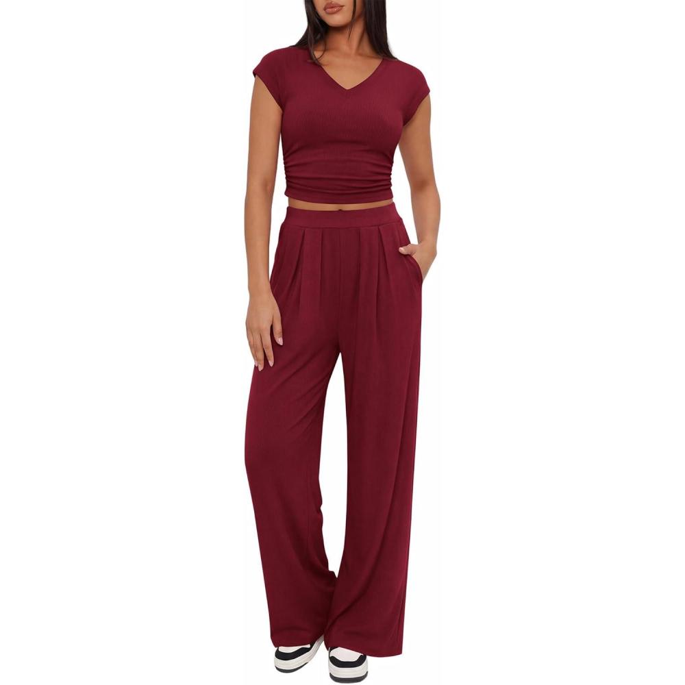 imageBTFBM Womens 2 Piece Outfits Spring 2026 V Neck Cap Sleeve Ruched Top Wide Leg Pants Sets Rib Knit Lounge Matching SetWine Red
