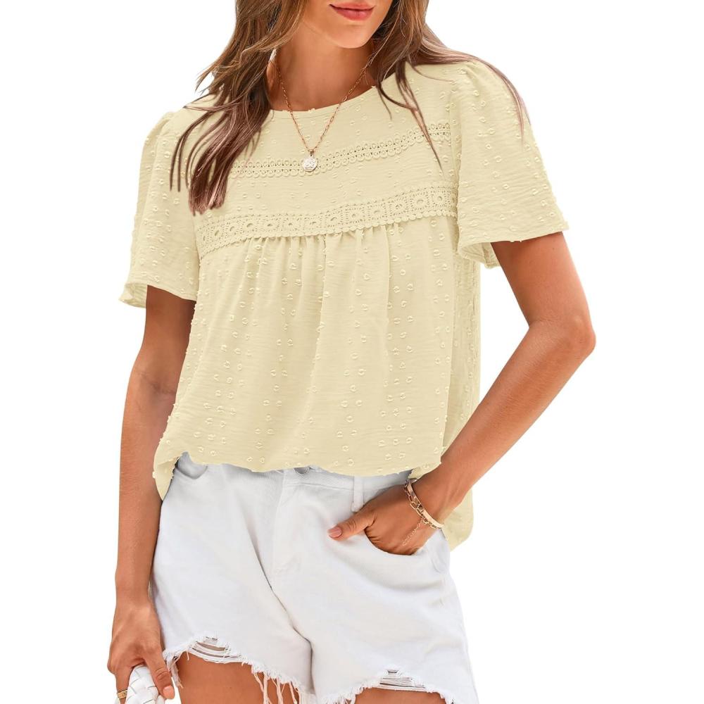 imageBTFBM Womens 2025 Summer Tops Swiss Dot Lace Crochet Crewneck Short Sleeve Casual Cute Shirts Boho BlousesApricot