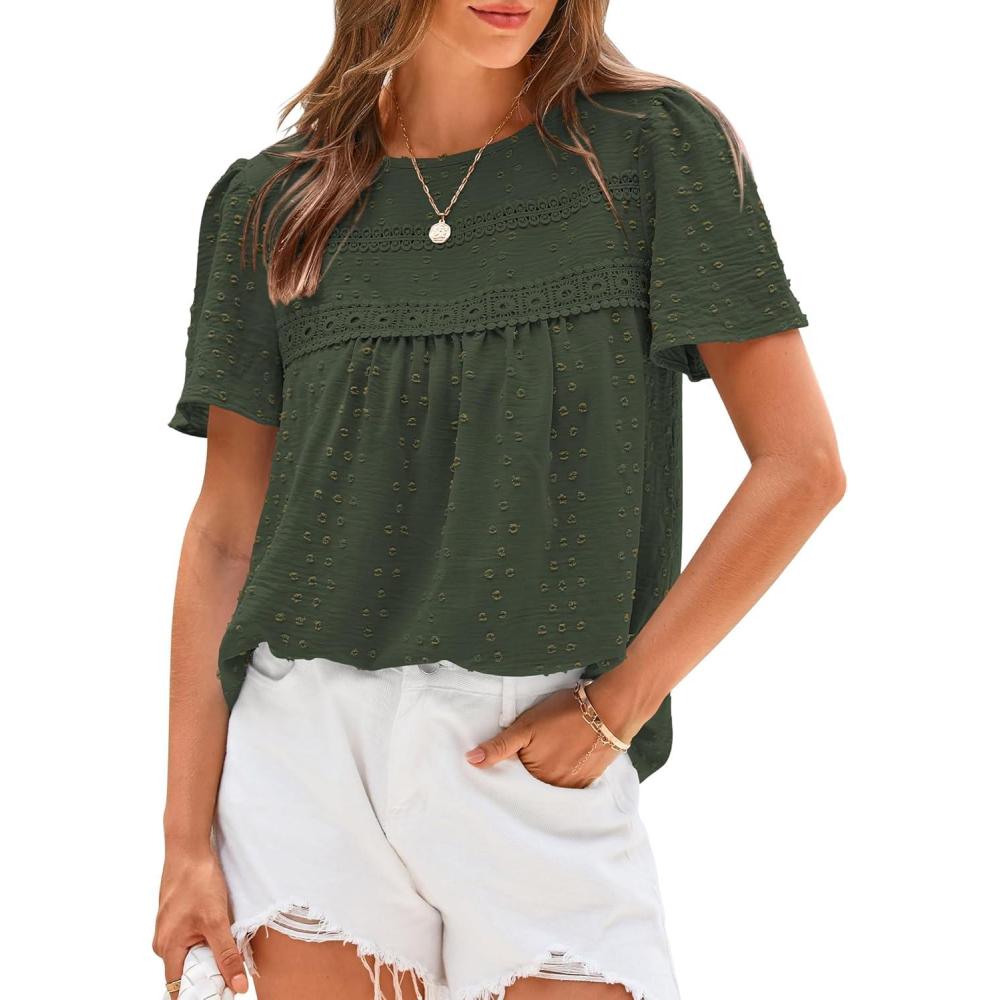 imageBTFBM Womens 2025 Summer Tops Swiss Dot Lace Crochet Crewneck Short Sleeve Casual Cute Shirts Boho BlousesArmy Green