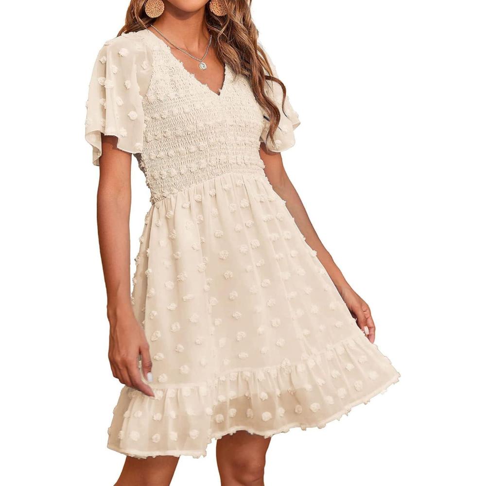 imageBTFBM Womens Beach Vacation Dress Summer 2026 V Neck Short Sleeve Smocked Swiss Dot Ruffle Casual Spring Mini DressesApricot