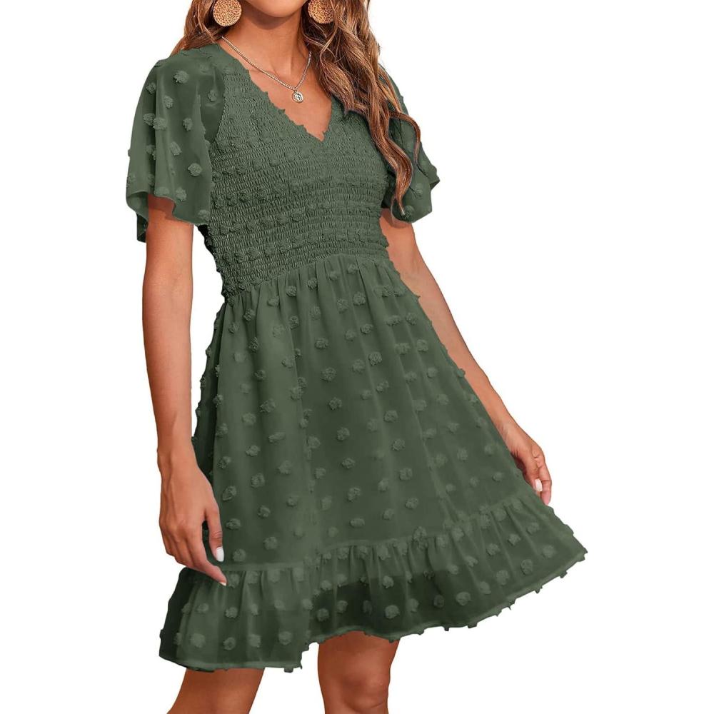 imageBTFBM Womens Beach Vacation Dress Summer 2026 V Neck Short Sleeve Smocked Swiss Dot Ruffle Casual Spring Mini DressesArmy Green