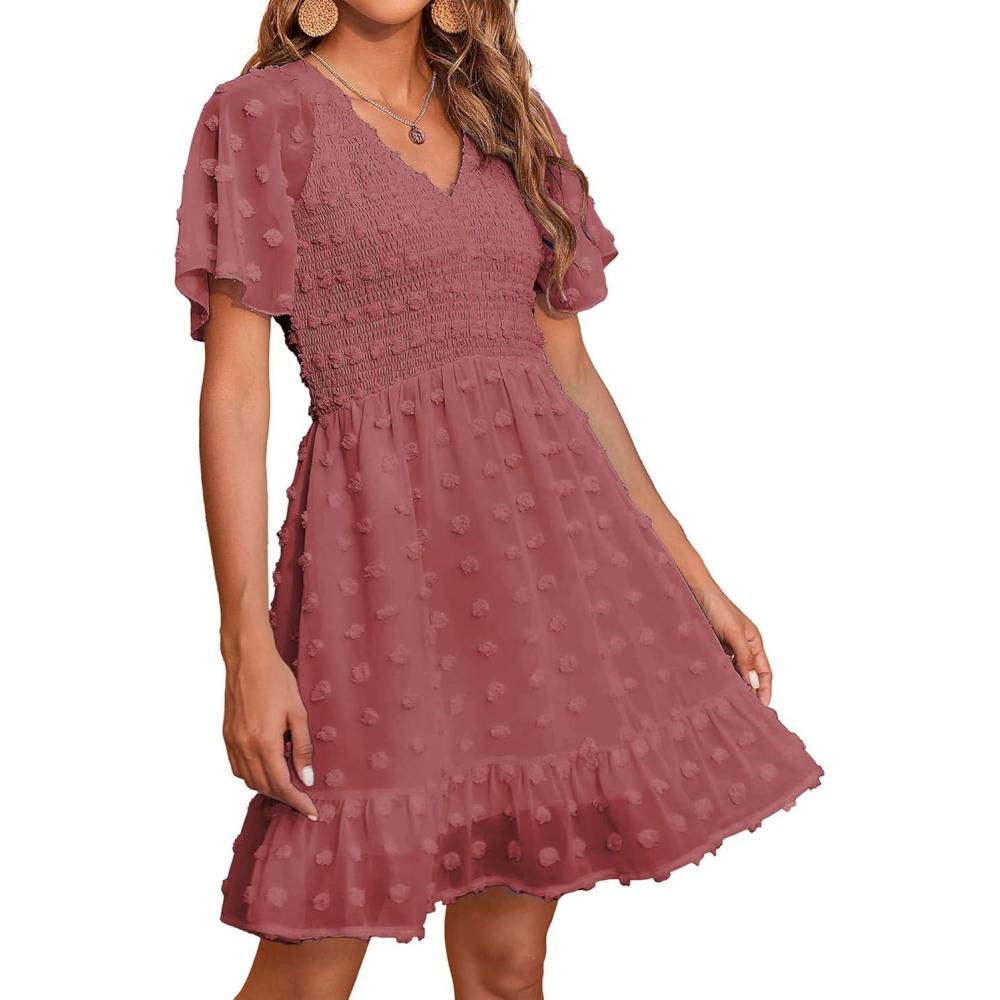 imageBTFBM Womens Beach Vacation Dress Summer 2026 V Neck Short Sleeve Smocked Swiss Dot Ruffle Casual Spring Mini DressesBean Paste Red