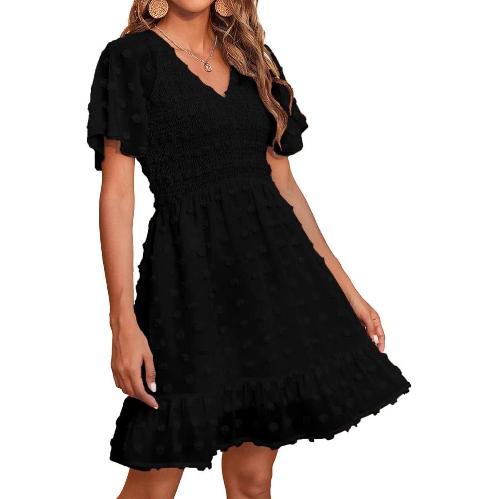 imageBTFBM Womens Beach Vacation Dress Summer 2026 V Neck Short Sleeve Smocked Swiss Dot Ruffle Casual Spring Mini DressesBlack