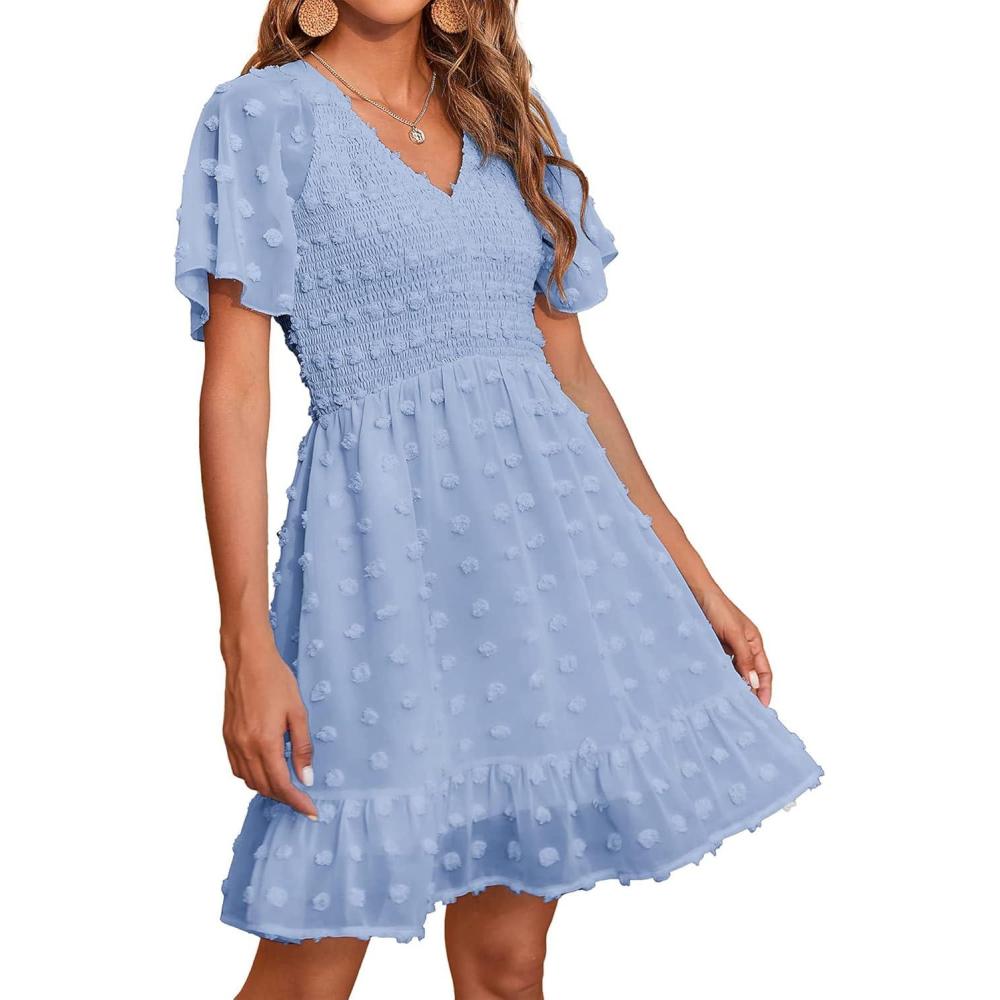 imageBTFBM Womens Beach Vacation Dress Summer 2026 V Neck Short Sleeve Smocked Swiss Dot Ruffle Casual Spring Mini DressesBlue
