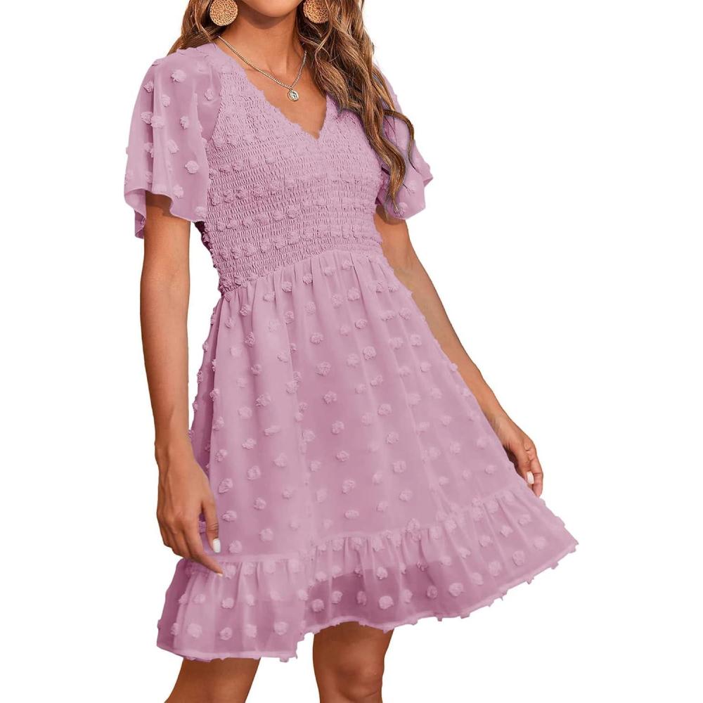 imageBTFBM Womens Beach Vacation Dress Summer 2026 V Neck Short Sleeve Smocked Swiss Dot Ruffle Casual Spring Mini DressesDusty Pink