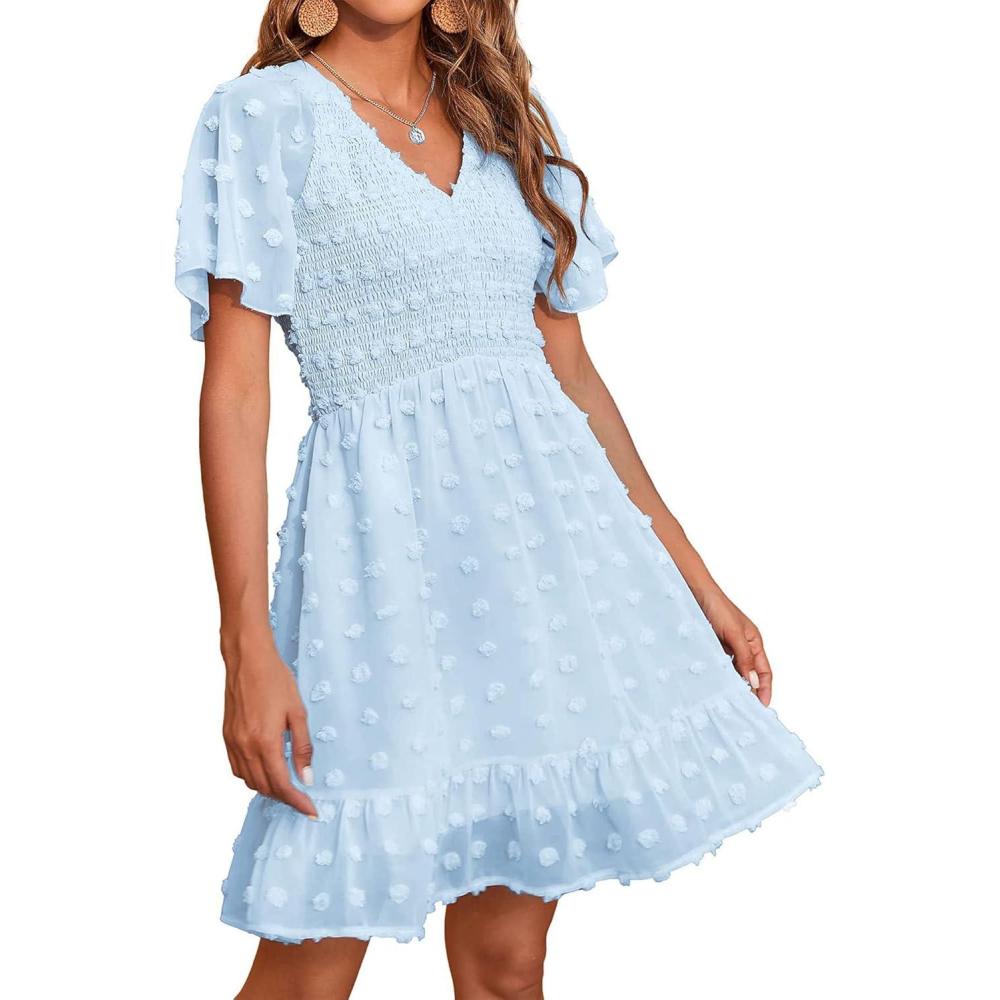 imageBTFBM Womens Beach Vacation Dress Summer 2026 V Neck Short Sleeve Smocked Swiss Dot Ruffle Casual Spring Mini DressesLight Blue