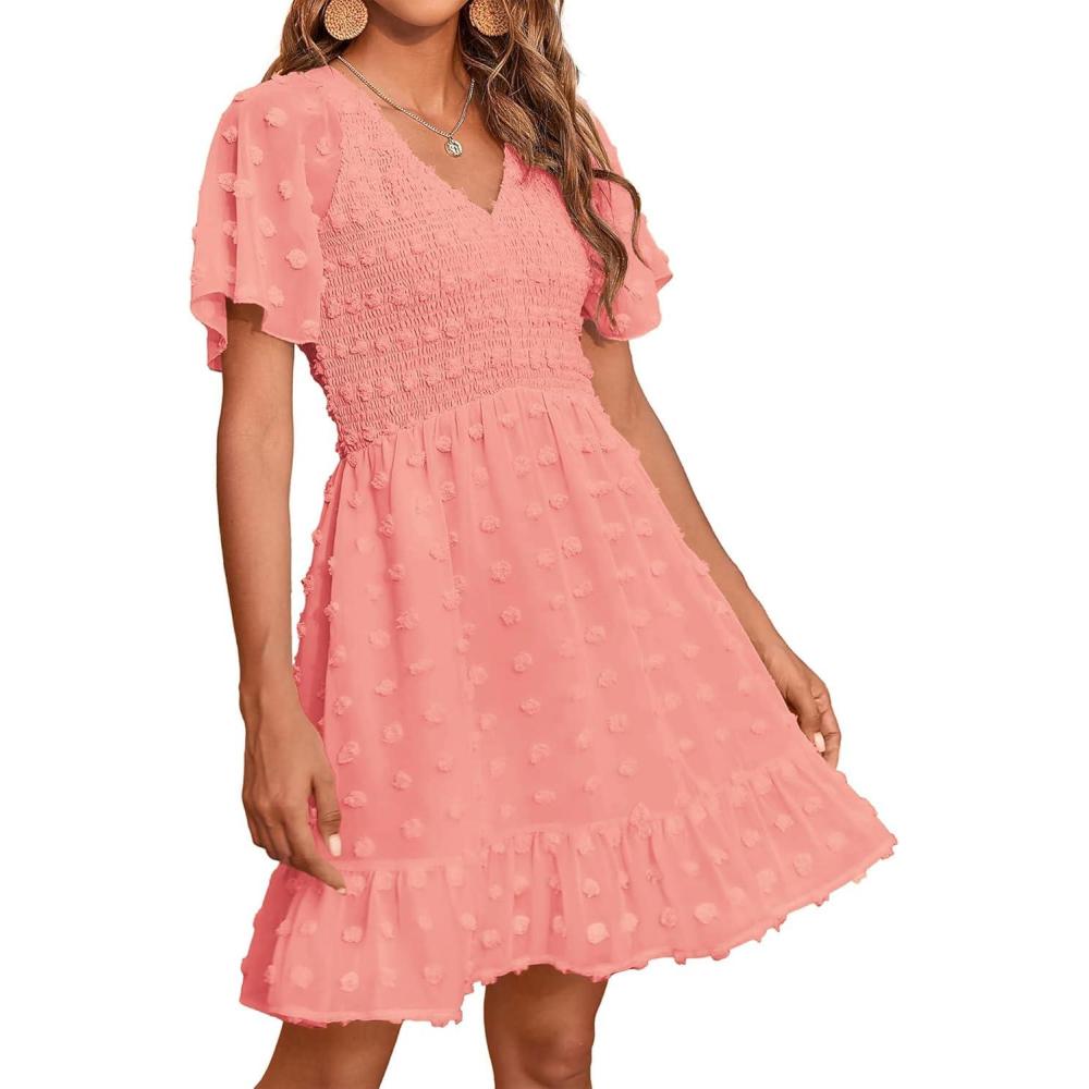 imageBTFBM Womens Beach Vacation Dress Summer 2026 V Neck Short Sleeve Smocked Swiss Dot Ruffle Casual Spring Mini DressesOrange Pink