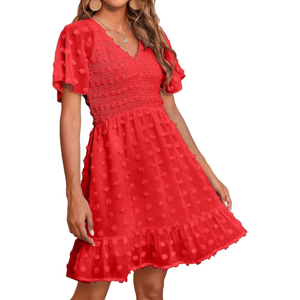 imageBTFBM Womens Beach Vacation Dress Summer 2026 V Neck Short Sleeve Smocked Swiss Dot Ruffle Casual Spring Mini DressesRed