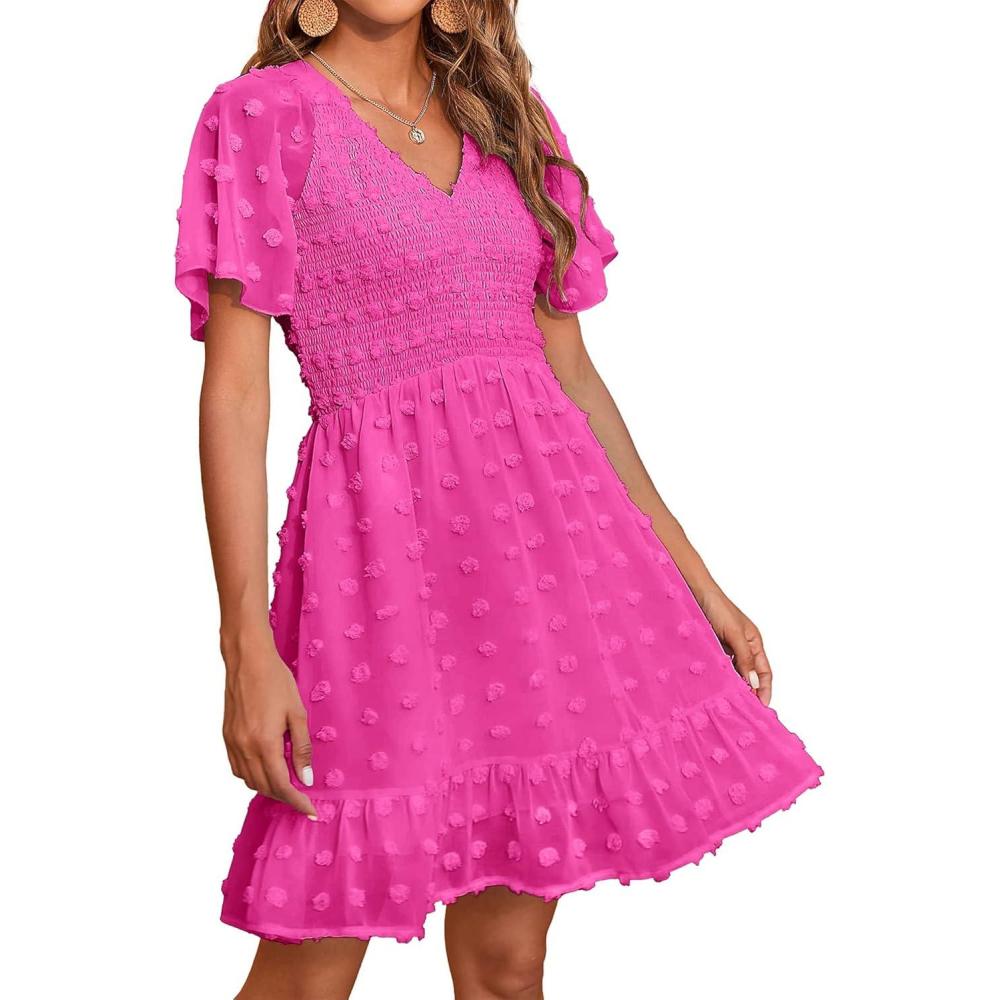 imageBTFBM Womens Beach Vacation Dress Summer 2026 V Neck Short Sleeve Smocked Swiss Dot Ruffle Casual Spring Mini DressesRose Red