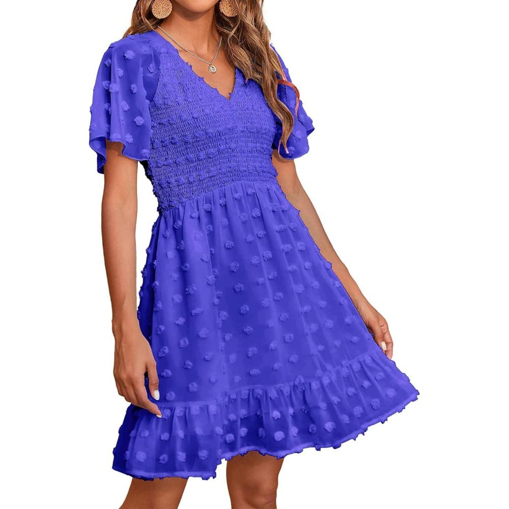 imageBTFBM Womens Beach Vacation Dress Summer 2026 V Neck Short Sleeve Smocked Swiss Dot Ruffle Casual Spring Mini DressesRoyal Blue