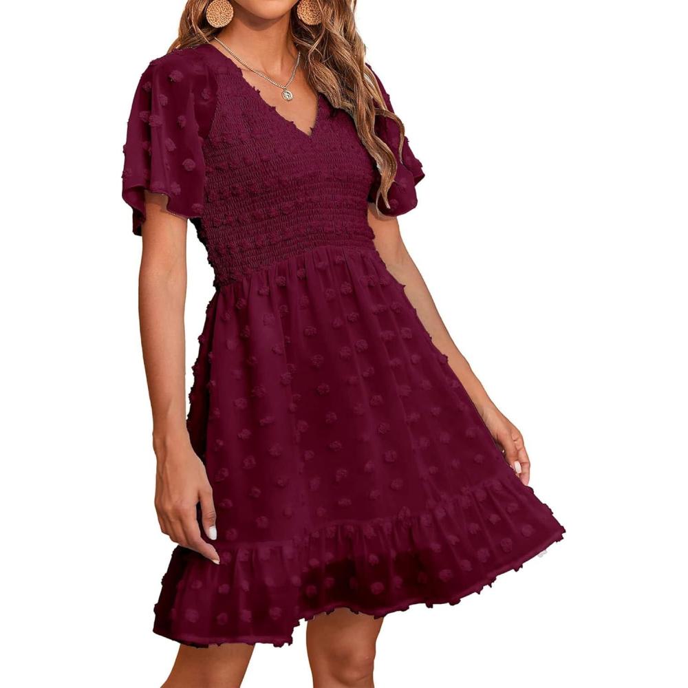 imageBTFBM Womens Beach Vacation Dress Summer 2026 V Neck Short Sleeve Smocked Swiss Dot Ruffle Casual Spring Mini DressesWine Red