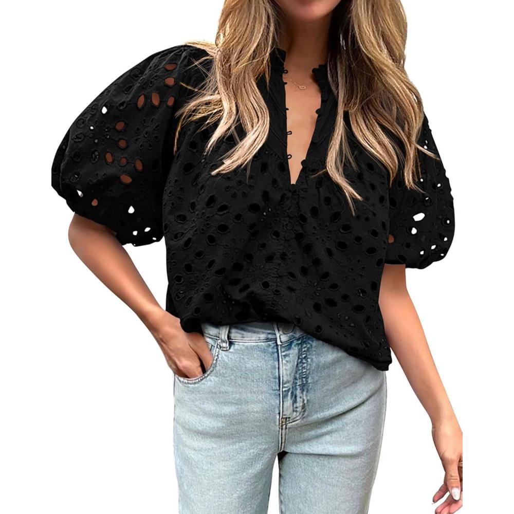 imageBTFBM Womens Blouses Summer Hollow Out Eyelet Embroidery Tops V Neck Buttons Puff Sleeve Boho Shirts Spring Fashion 2026Black