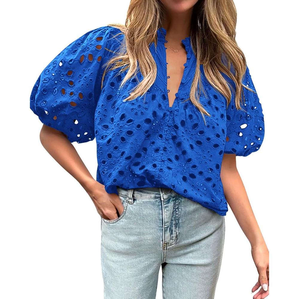 imageBTFBM Womens Blouses Summer Hollow Out Eyelet Embroidery Tops V Neck Buttons Puff Sleeve Boho Shirts Spring Fashion 2026Blue