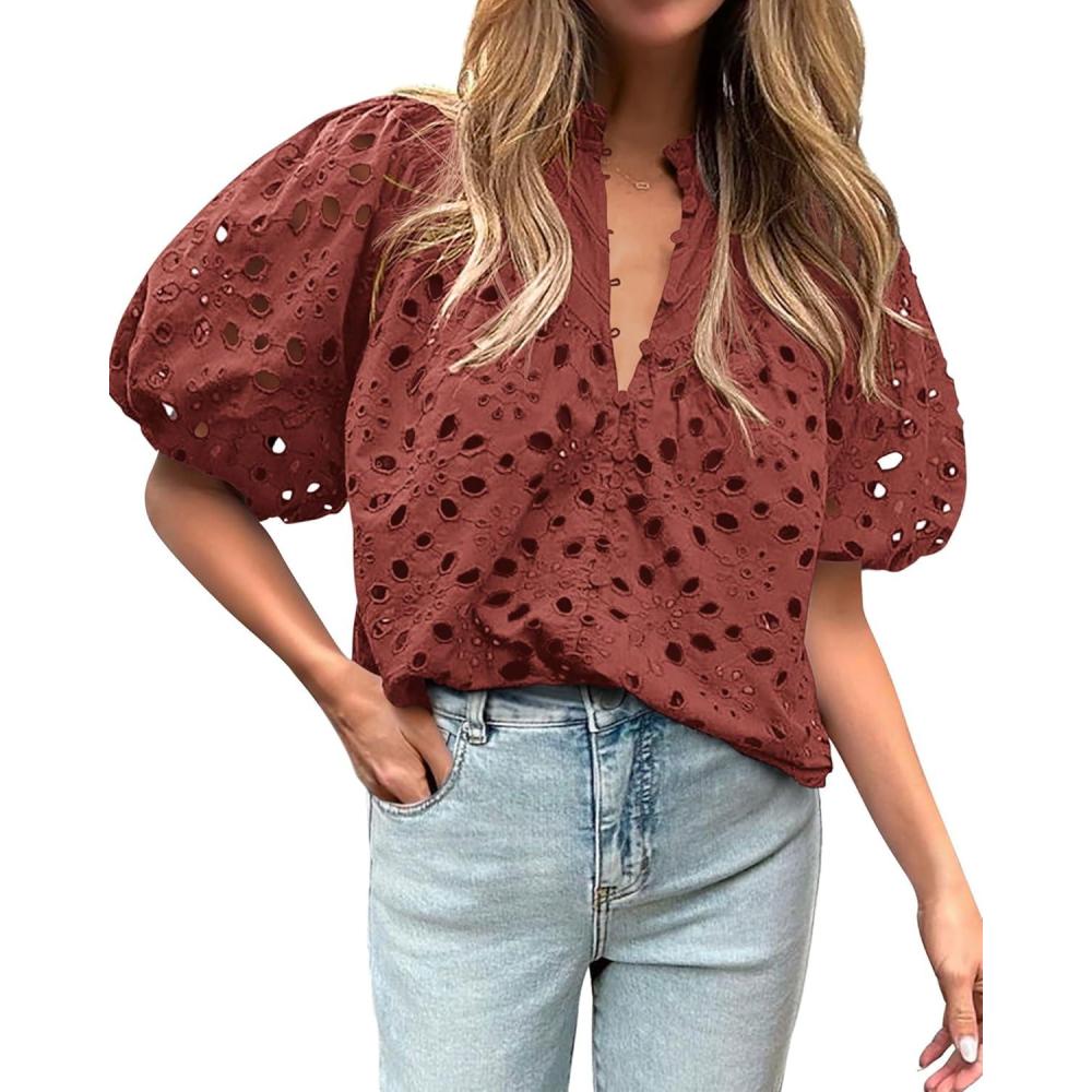 imageBTFBM Womens Blouses Summer Hollow Out Eyelet Embroidery Tops V Neck Buttons Puff Sleeve Boho Shirts Spring Fashion 2026Brown Red