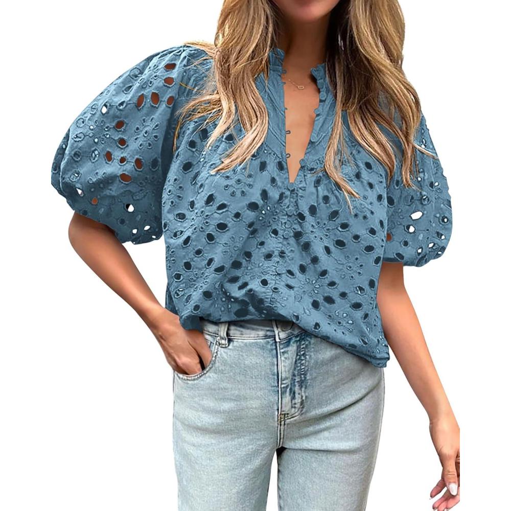 imageBTFBM Womens Blouses Summer Hollow Out Eyelet Embroidery Tops V Neck Buttons Puff Sleeve Boho Shirts Spring Fashion 2026Grey Blue