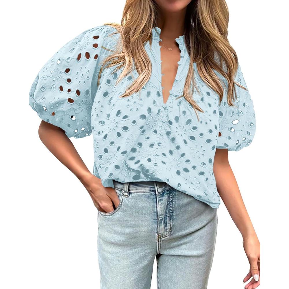 imageBTFBM Womens Blouses Summer Hollow Out Eyelet Embroidery Tops V Neck Buttons Puff Sleeve Boho Shirts Spring Fashion 2026Light Blue