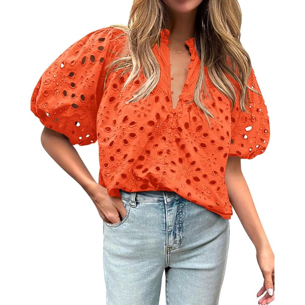 imageBTFBM Womens Blouses Summer Hollow Out Eyelet Embroidery Tops V Neck Buttons Puff Sleeve Boho Shirts Spring Fashion 2026Orange
