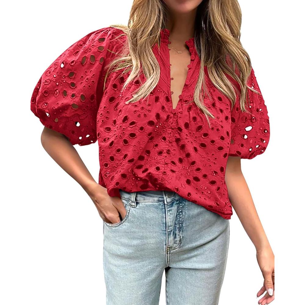 imageBTFBM Womens Blouses Summer Hollow Out Eyelet Embroidery Tops V Neck Buttons Puff Sleeve Boho Shirts Spring Fashion 2026Red