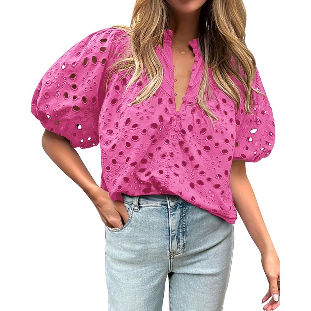 imageBTFBM Womens Blouses Summer Hollow Out Eyelet Embroidery Tops V Neck Buttons Puff Sleeve Boho Shirts Spring Fashion 2026Rose Pink