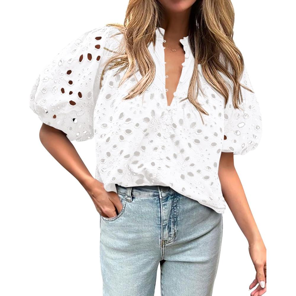 imageBTFBM Womens Blouses Summer Hollow Out Eyelet Embroidery Tops V Neck Buttons Puff Sleeve Boho Shirts Spring Fashion 2026White