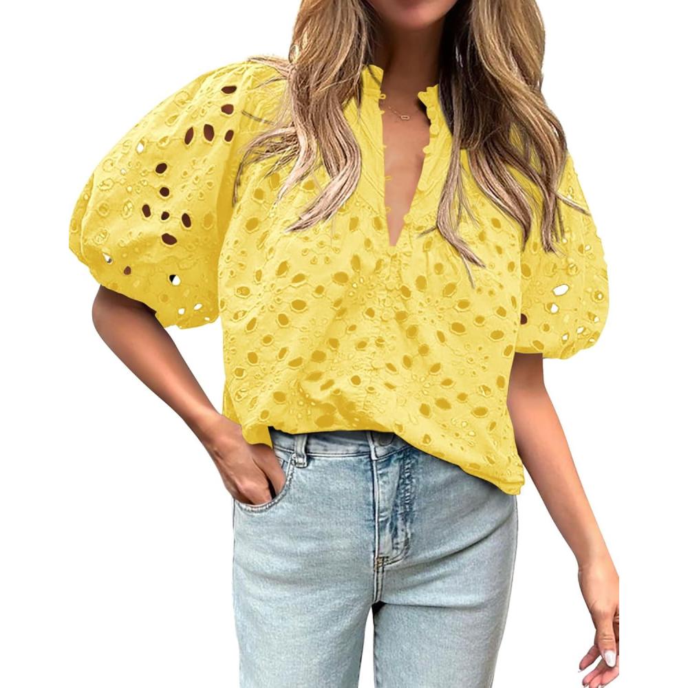 imageBTFBM Womens Blouses Summer Hollow Out Eyelet Embroidery Tops V Neck Buttons Puff Sleeve Boho Shirts Spring Fashion 2026Yellow
