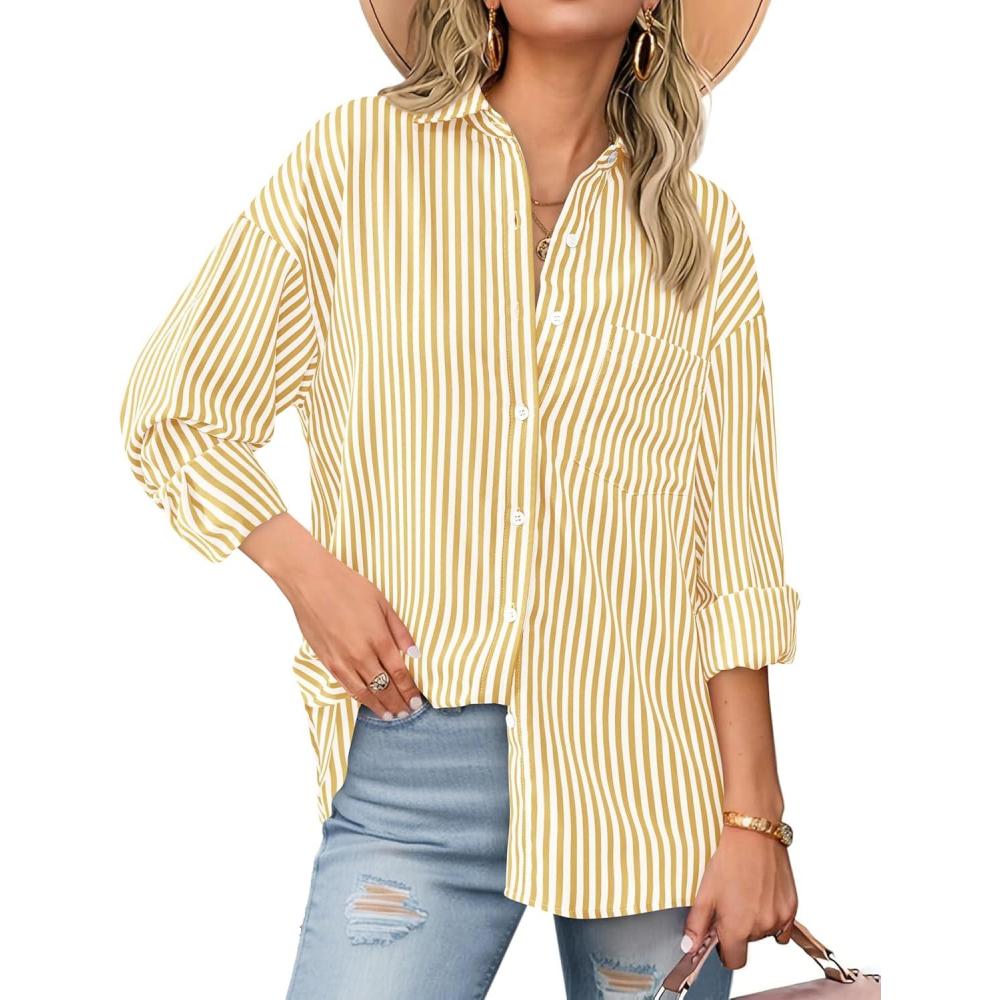 imageBTFBM Womens Button Down Shirts Striped Shirt Long Sleeve Casual Collared Office Work Loose Fit Blouses Tops PocketOrange