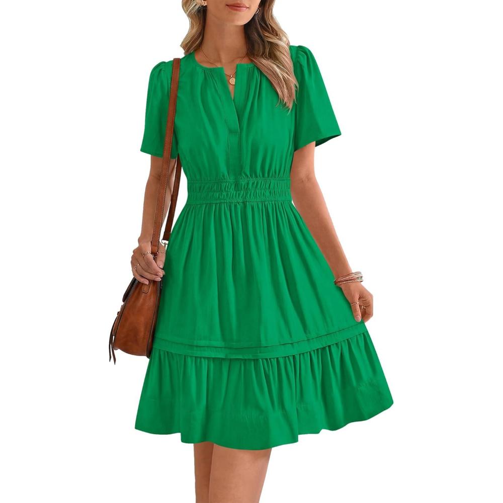 imageBTFBM Womens Casual Dresses 2026 Summer Spring V Neck Short Sleeve Sundress Smocked Waist A Line Tiered Mini DressGreen