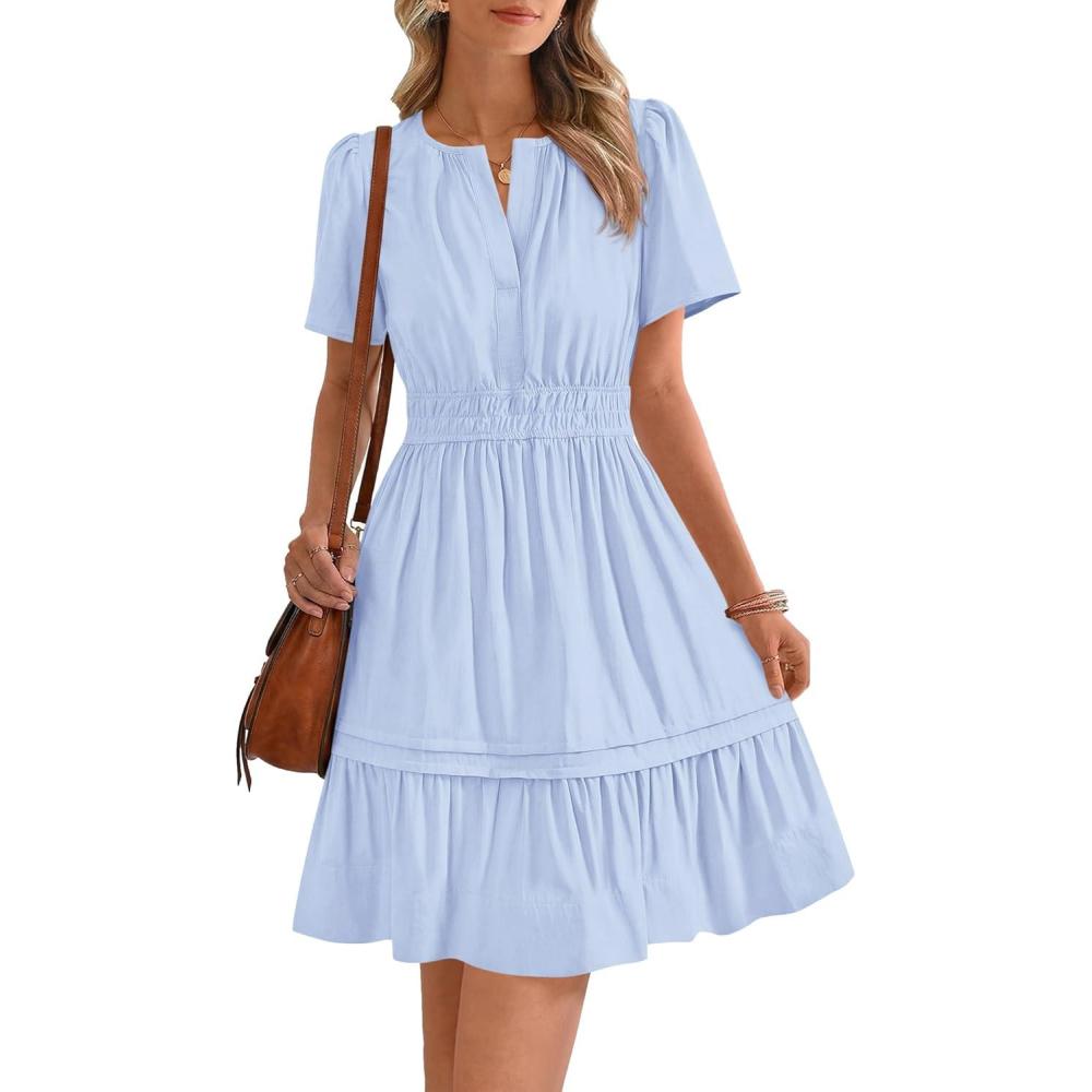 imageBTFBM Womens Casual Dresses 2026 Summer Spring V Neck Short Sleeve Sundress Smocked Waist A Line Tiered Mini DressLight Blue
