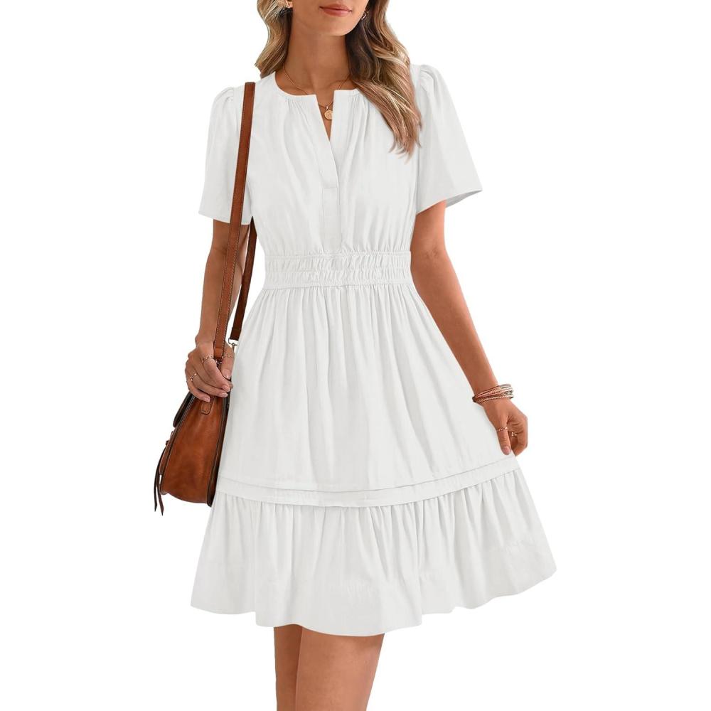 imageBTFBM Womens Casual Dresses 2026 Summer Spring V Neck Short Sleeve Sundress Smocked Waist A Line Tiered Mini DressWhite