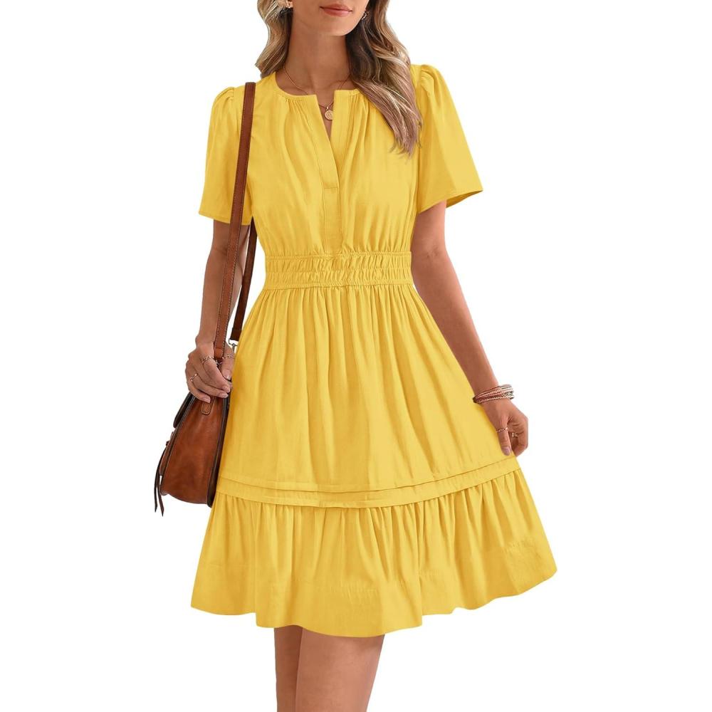 imageBTFBM Womens Casual Dresses 2026 Summer Spring V Neck Short Sleeve Sundress Smocked Waist A Line Tiered Mini DressYellow