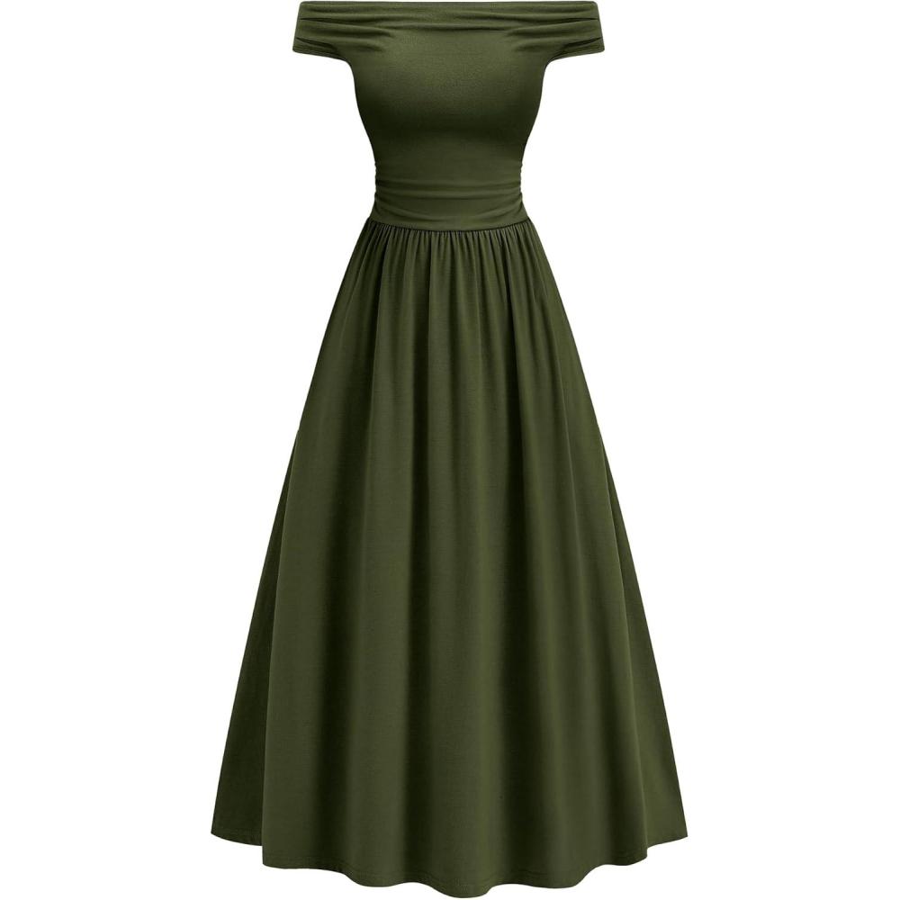 imageBTFBM Womens Casual Dresses Spring 2026 Sleeveless Off The Shoulder Dress Slim Swing Pleated Beach Maxi Sundress PocketArmy Green
