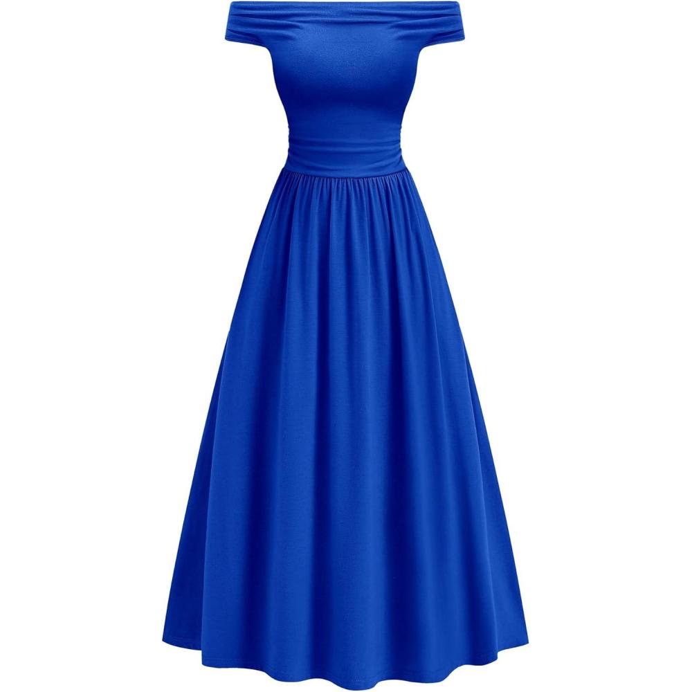 imageBTFBM Womens Casual Dresses Spring 2026 Sleeveless Off The Shoulder Dress Slim Swing Pleated Beach Maxi Sundress PocketBlue
