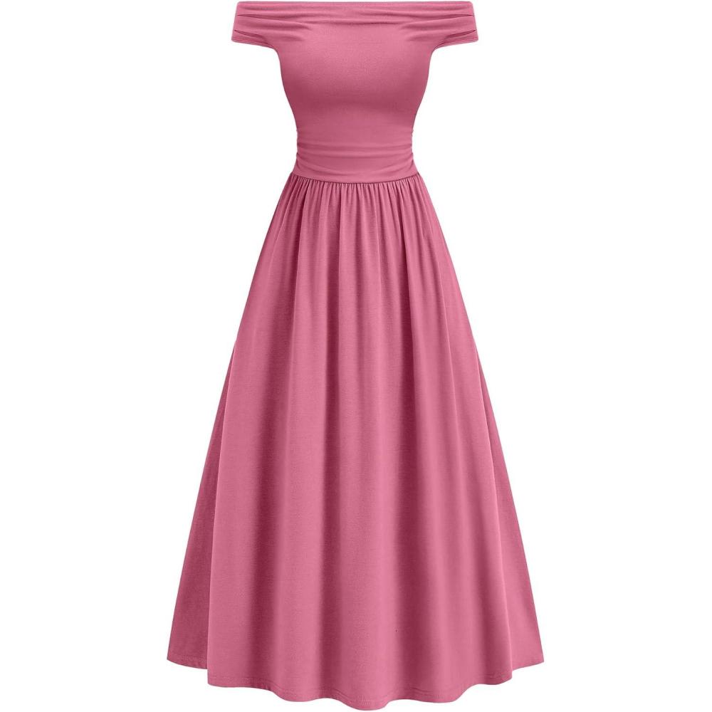 imageBTFBM Womens Casual Dresses Spring 2026 Sleeveless Off The Shoulder Dress Slim Swing Pleated Beach Maxi Sundress PocketPink