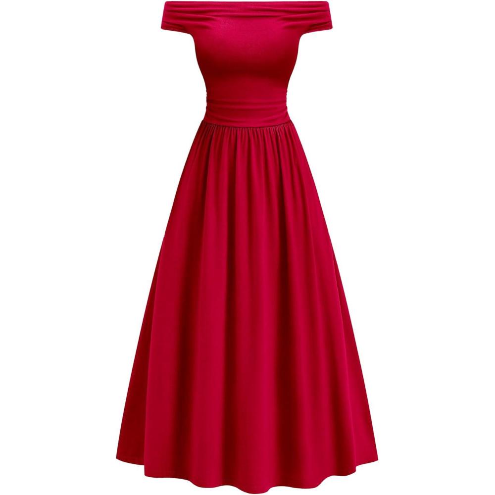 imageBTFBM Womens Casual Dresses Spring 2026 Sleeveless Off The Shoulder Dress Slim Swing Pleated Beach Maxi Sundress PocketRed